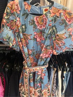 FARM Rio Blue Floral Puff-Sleeve Midi Dress
